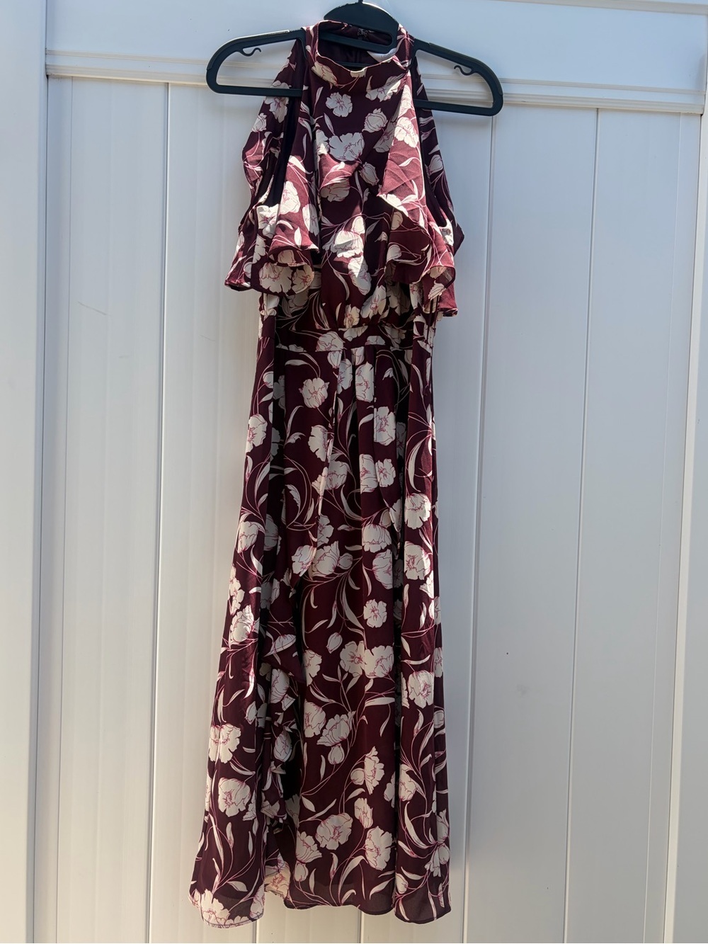 LC Lauren Conrad Ruffle Burgundy Floral Halter Midi Dress Size 4 - Picture 7 of 8